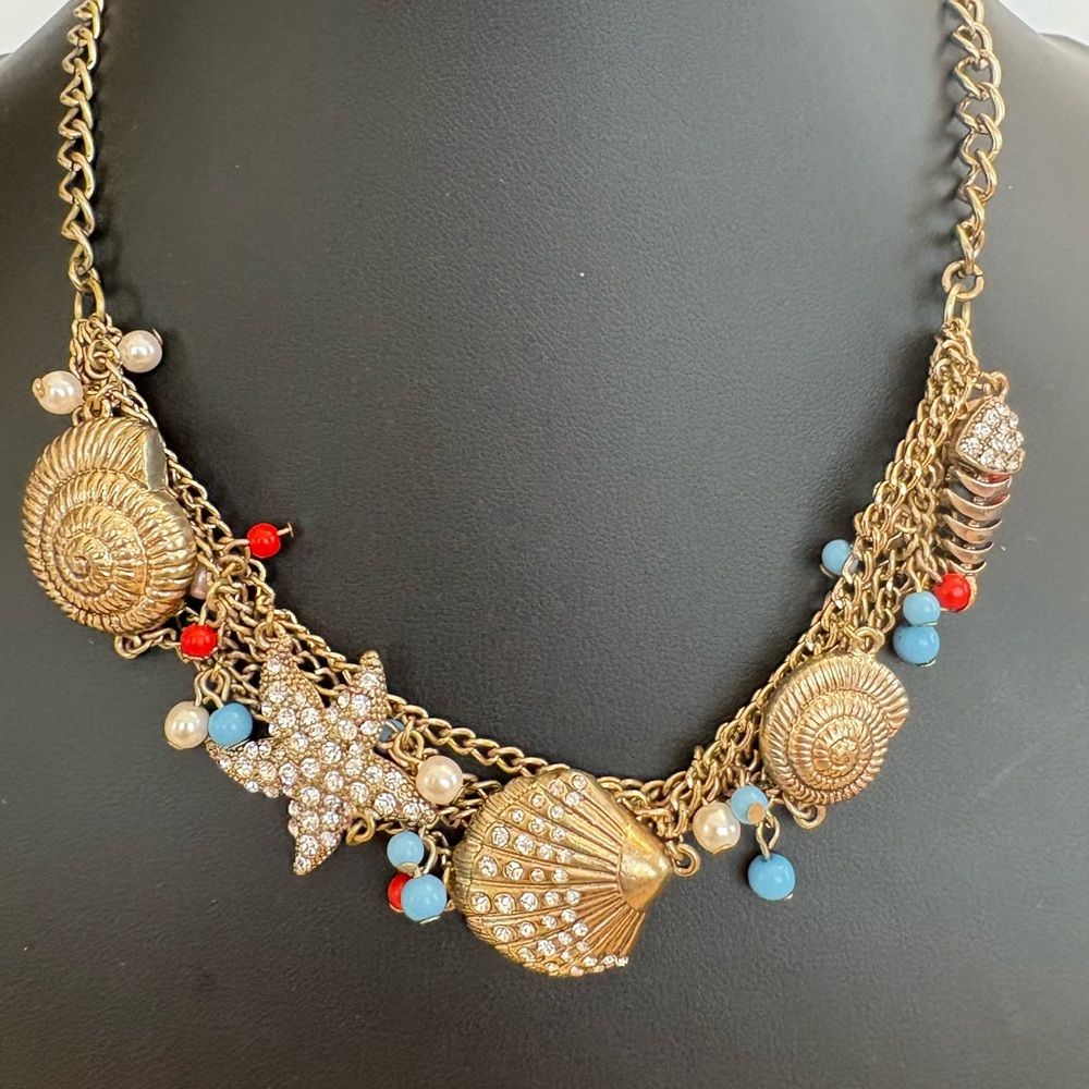 Gold Tone Seashell Statement Nautical Necklace Bi… - image 3